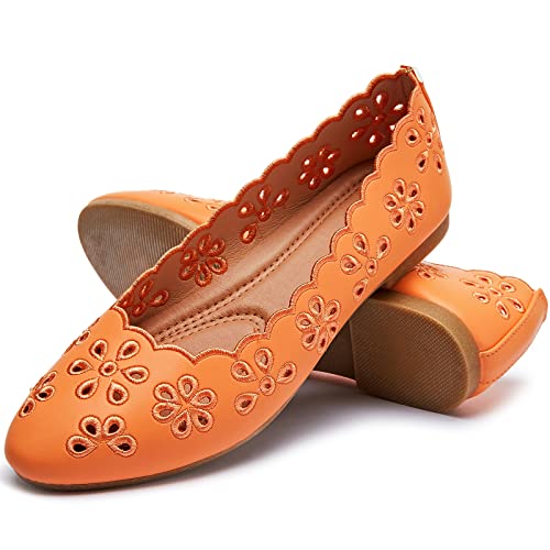 Women's Ballet Flats Black PU Leather Dress Shoes Comfortable Round Toe Slip on Flats with Floral Eyelets(Orange.US8)