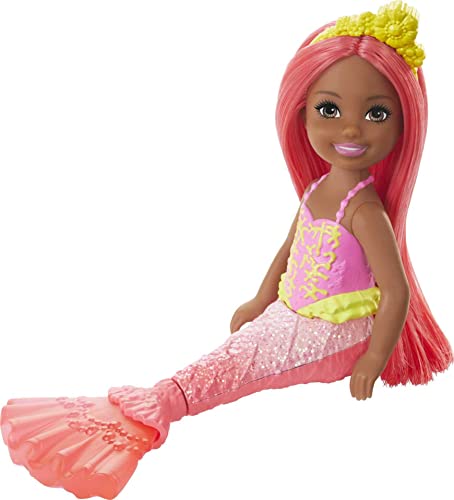Barbie Dreamtopia Chelsea Mermaid Doll with Coral-Colored Hair & Tail, Tiara Accessory, Small Doll Bends at Waist