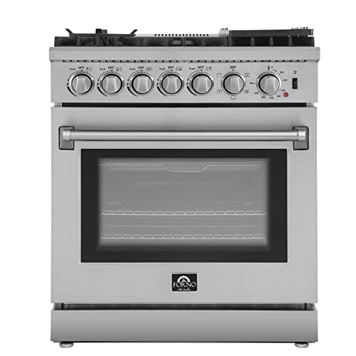 FORNO Lazio Dual Fuel 30″ Inch. Gas Range Electric Oven Freestanding 5 Sealed Burners 69,500 BTU Stove-Top Output, Electric Oven Includes Air Fryer and Griddle