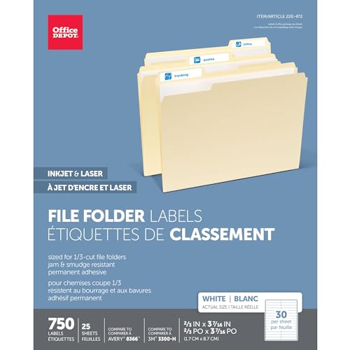 Office Depot White Permanent Inkjet/Laser File Folder Labels, 2/3in. x 3 7/16in., White, Pack of 750, 505-0004-0011