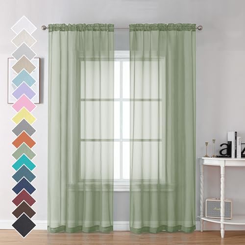 OVZME Bedroom Curtains 2 Panel Sets 84' Inch Length - Transparent Light Weight Soft Window Treatment Panels for Study Room/Living Room/Guest Room, Sage Green, Per Panel W42 X L84 inches