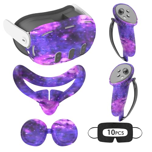 Relohas Deluxe 5 in 1 Silicone Accessories for Meta Quest 3, VR Protective Case Set, Controller Grip Cover, VR Shell Cover, Face Cover, Gifts for Christmas & Halloween (Galaxy Purple)