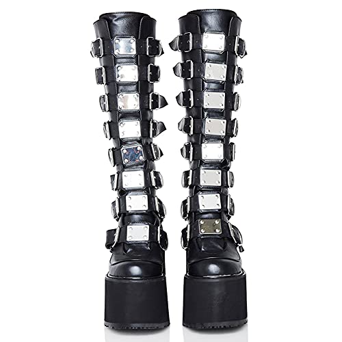 CELNEPHO Womens Chunky Platform Knee High Boots High Heel Round-Toe Zip Punk Goth Mid Calf Combat Boots For Women