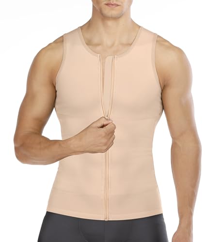 Wonderience Compression Shirts for Men Undershirts Slimming Body Shaper Waist Trainer Tank Top Vest with Zipper (Beige, XXX-Large)