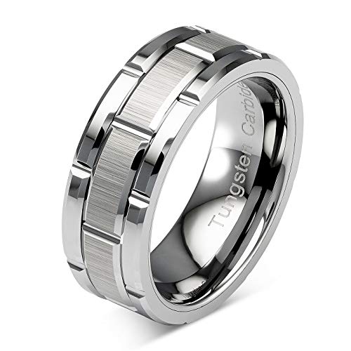 100S JEWELRY Tungsten Rings For Men Wedding Band Silver Brick Pattern Brushed Engagement Promise Size 6-16 (Tungsten, 9.5)