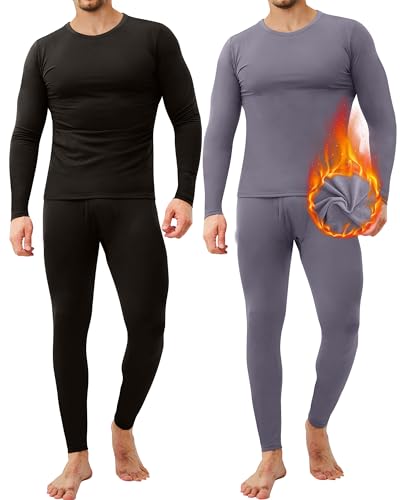CL convallaria Thermal Underwear for Men, 2 Pack Long Johns Winter Long Underwear Sport Base Layer Top and Bottom Set Midweight BlackGrey L