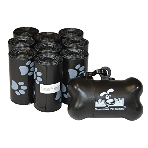 Downtown Pet Supply 180 Count Dog Poop Bags Refills with Leash Clip and Bone Bag Dispenser, Black with Paw Prints - Dog Waste Bags Unscented and Leak-Proof with Dog Poop Bag Dispenser - 12.5 x 8.5'