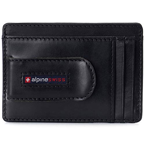 Alpine Swiss Dermot Mens RFID Safe Money Clip Front Pocket Wallet Leather Comes in Gift Box Black