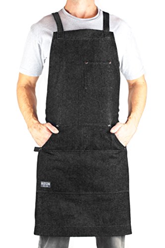 Hudson Durable Goods Adjustable Crossback Denim Apron with Pockets – 34 x 27 In. Chefs Apron with 4 Pockets and Loop Fits Most – Black Denim Apron for Men and Women in Home or Commercial Settings