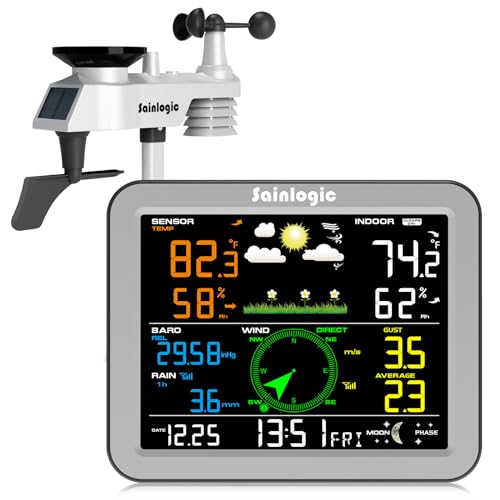 Sainlogic Weather Station Wireless Indoor Outdoor, Weather Station with Rain Gauge and Wind Speed/Direction, Temperature, Humidity, Air Pressure, Weather Forecast, Moon Phase, and Alarm