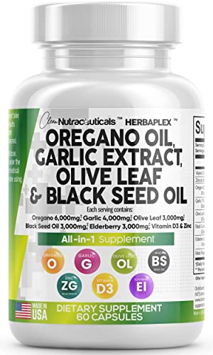 Clean Nutraceuticals Oregano Oil 6000mg Garlic Extract 4000mg Olive Leaf 3000mg Black Seed Oil 3000mg - Immune Support & Digestive Health Supplement for Women & Men with Vitamin D3 & Zinc - 60 Caps