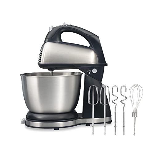 Hamilton Beach Classic Stand and Hand Mixer, 4 Quarts, 6 Speeds with QuickBurst, Bowl Rest, 290 Watts Peak Power, Black and Stainless