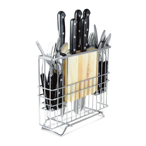 20-Piece Stainless Steel Cutlery, Carving, Table Set w/Round Hardwood Block Cutting Board & Chrome Storage Caddy Rack