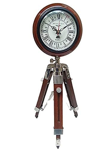 Royal Collection Antique Wooden Tripod Adjustable Stand with Antique Clock for Home Decor Office & Table Decor(16 inch Total Height) Brown RC580