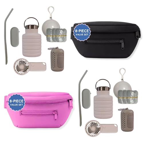 Maxie & Nova Adventure Duo - 2 Theme Park Essentials Sets (Fanny Pack, USB Fan, Water Bottle, Cooling Towel, Silicone Straw Keychain, Disposable Rain Poncho), Double the Fun w/This Black & Pink Combo