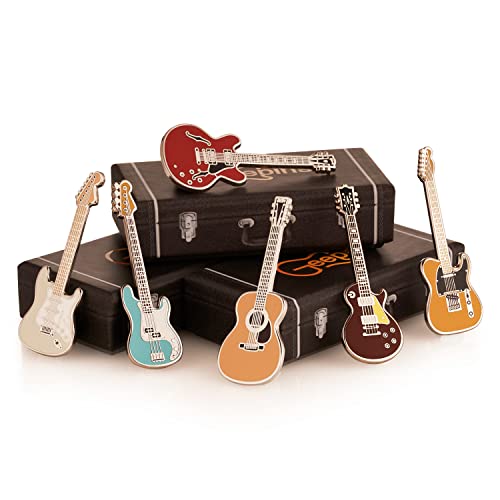 Enamel Guitar Pin Badge 6-Pack by Geepins | Six Stunning Miniature Guitar Brooches | 52 mm | Wear on Backpack, Shirt, Jacket, Lapel, Hat, or Tie | Gifted in 6 x Beautiful Guitar Case Boxes
