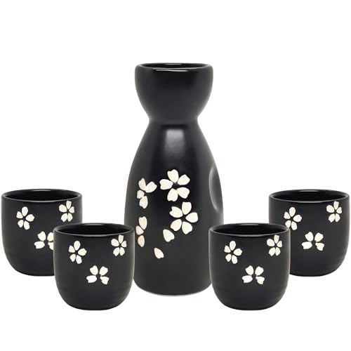 5 Pieces Sake Set 200ml Sake Pot 50ml Sake Cup Set Japanese Traditional Hand Painted Design Porcelain Pottery Ceramic Cups Crafts Wine Glasses (Black)