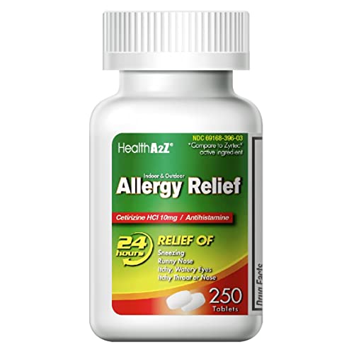 HealthA2Z Allergy Relief | Cetirizine 10mg | 250 Tablets | All Day Allergy Relief | Indoor & Outdoor | Relief from Itchy Throat, Sneezing, Runny Noses