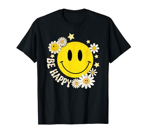 Be Happy Smile Face Retro Groovy Daisy Flower 70s T-Shirt