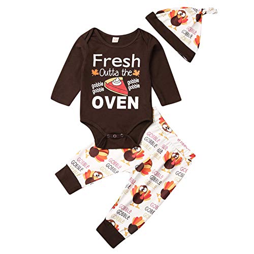 Kayotuas My First Thanksgiving Baby Girl Boy Outfit Long Sleeve Romper Bodysuit Tops Turkey Pants Headband Clothes Set (Fresh Outta The Oven,0-3 Months)