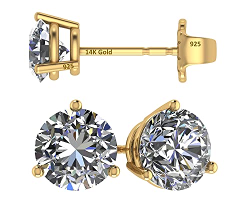 Central Diamond Center 14K Gold Post & Sterling Silver Zirconia 3 Prong Martini Stud Earrings- Yellow Gold Plated 8.00mm 4.00ctw