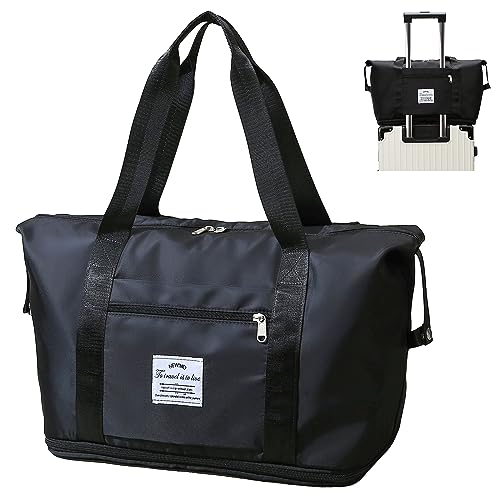 NEWIND Lightweight Expandable Double Shoulder Strap&Capacity Travel Duffel Bag, Sports Tote Gym Bag, Shoulder Weekender Overnight Bag with Wet Pocket for Women (Black)