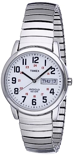 Timex Men's Easy Reader 35mm Day-Date Watch – Silver-Tone Case White Dial with Silver-Tone Expansion Band