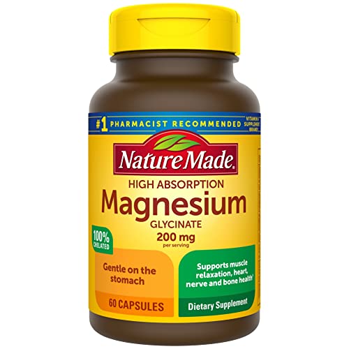 Nature Made Magnesium Glycinate 200 mg per Serving, Dietary Supplement for Muscle, Heart, Nerve and Bone Support, 60 Capsules, 30 Day Supply