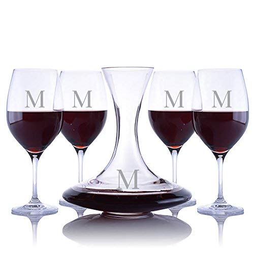 Personalized Ravenscroft Lead-free Crystal Infinity Decanter & 4 Stemmed Vintner's Choice Bordeaux/Merlot/Cabernet Red Wine Glasses Engraved & Monogrammed - Perfect for Valentine's Day