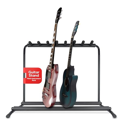 Pyle Multi-Guitar Stand 7 Slot Display Rack - Universal Framework Designed for Electric, Acoustic, Bass Guitars & Cases - Foldable, Portable, and Protective with No-Slip Non-Scratch Padding - Black