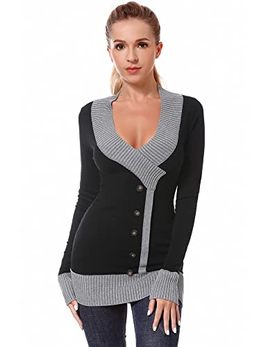AmélieBoutik Women V Neck Faux Wrap Color Trim Sweater Tunic Top (Black and Gray X-Large)