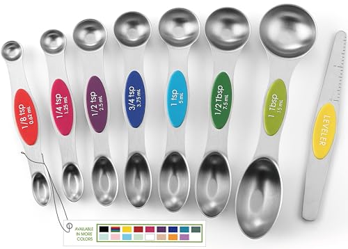 Spring Chef Magnetic Measuring Spoons Set with Strong N45 Magnets, Heavy Duty Stainless Steel Metal, Fits in Most Kitchen Spice Jars for Baking & Cooking, BPA Free, Multicolor, Set of 8 with Leveler