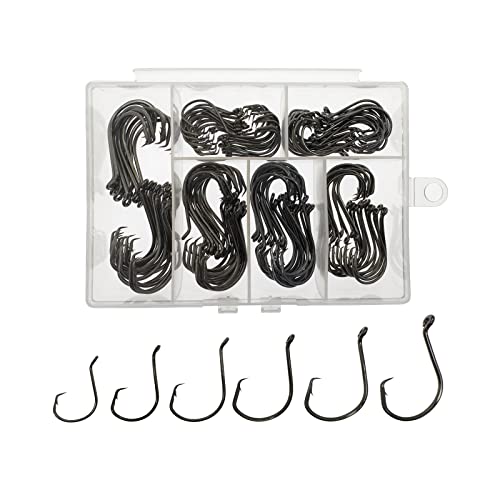 Afmivs Circle Hooks Saltwater, 160pcs Fishing Hooks Saltwater, 6 Sizes Fish Hooks, Catfish Hooks Octopus Hooks, Saltwater Hooks #2#1 1/0 2/0 3/0 4/0, Black High Carbon Steel with Portable Plastic Box