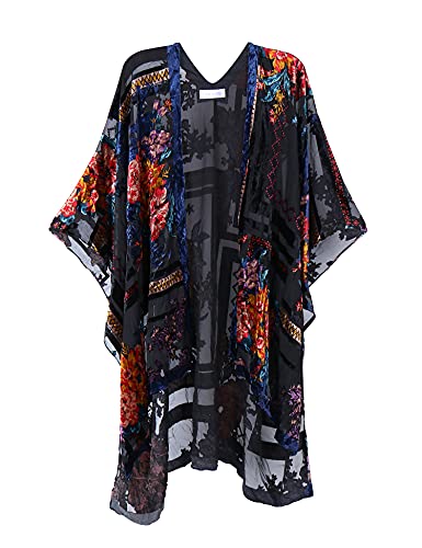 WeHello Women's Burnout Velvet Kimono Long Cardigan Cover Up with Tassel Black Flower Without Tassel