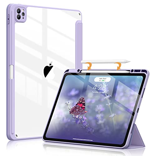 Soke Ultra Hybrid Case for iPad Pro 12.9 Inch (6th/5th/4th/3rd Generation, 2022/2021/2020/2018) - Pencil Holder + Auto Sleep/Wake + Camera Protection, Transparent Shockproof Back Cover, Gray Purple