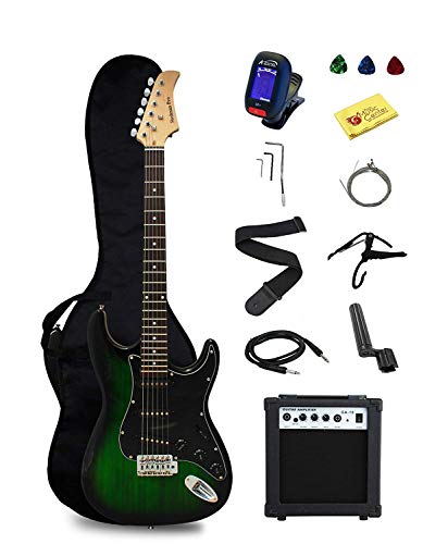 Stedman Pro EG39-TGRB-10W Beginner Series Electric Guitar with Case, Strap, Cable, Capo, Picks, Electronic Tuner, String Winder and Polish Cloth, 10W Amp, Transparent Green/Black Picguard