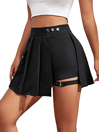 WDIRARA Women's High Waist Pleated Button Skort Asymmetrical Skirt Shorts Black Plain Petite L