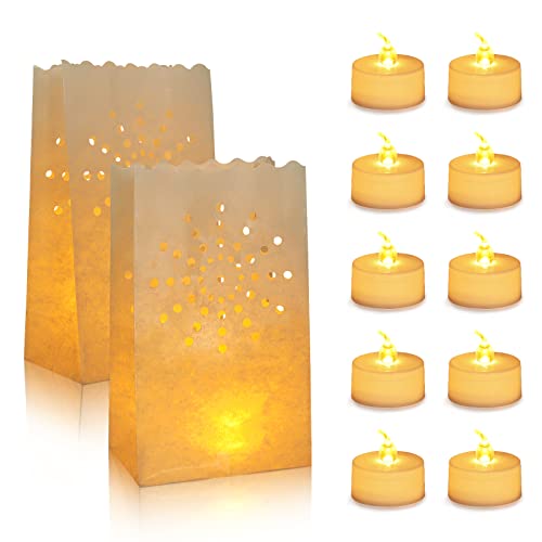 AceList 30 Set Luminaries Bag with Flameless Candles， Flickering LED Tea Lights with Paper Luminary Bags Battery Operation for Wedding Party,Halloween, Thanksgiving, Christmas Decoration（Sun）