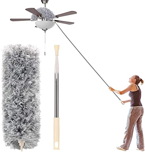 Microfiber Duster with Extension Pole(Stainless Steel) 30 to 100'', with Bendable Head, Extendable Long Duster for Cleaning Ceiling Fan, High Ceiling, Keyboard, Furniture Cars Gray