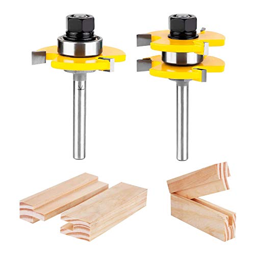 KOWOOD Tongue and Groove Set of 2 Pieces 1/4 Inch Shank Router Bit 3 Teeth Adjustable T Shape Wood Milling Cutter