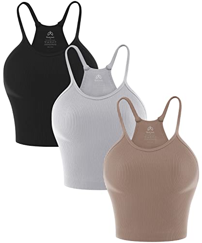 Sunzel Free to Be Tank, Crop Ribbed Tank Tops Seamless Racerback Camisoles No pad Camis Cropped Workout Gym Yoga Black Brown Grey(3pcs) M/L