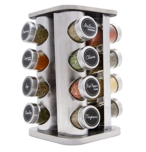 Orii 16 Jar Spice Rack with Spices Included - Rotating Countertop Tower Organizer for Kitchen Spices and Seasonings, Free Spice Refills for 5 Years (Stainless Steel)