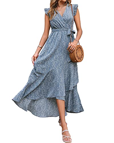 BTFBM Women Summer Dresses 2024 Ruffle Cap Sleeve V Neck Belt Wrap Split Boho Floral Long Casual Party Beach Maxi Dress(Floral Blue, Medium)