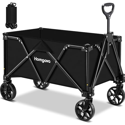 Homgava 190L Collapsible Folding Wagon Cart, 345LBS Large Capacity Camping Wagon, All Terrain Foldable Wagon, Heavy Duty Utility Wagon Cart for Grocery Outdoor Beach Gardening Shopping Fishing Black