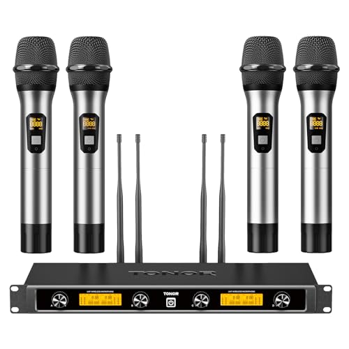 TONOR Wireless Microphones System with 4x10 Channels Metal Cordless Handheld Microfonos, 4 Antennas for 295FT UHF Range, Mics with Stable Signal Transmission for Singing Party Church Karaoke, Silver