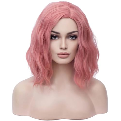 BERON 14' Pink Wigs for Women Girls Short Curly Bob Wavy Wig Body Wave Halloween Cosplay Daily Party Wigs (Lovely Pink)