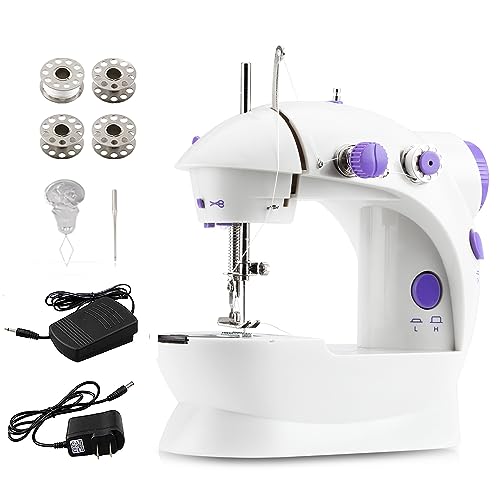Mini Sewing Machine Upgraded Portable Two Threads Double Speed Double Switches Household Kids Beginners Travel Automatic Sewing Machine (White and Blue)