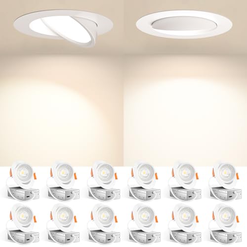 Amico 12 Pack 4 Inch 5CCT Eyeball Gimbal LED Recessed Lights, 360°&90° Adjustable Angle, Directional Dimmable Downlight with J-Box, 2700K/3000K/3500K/4000K/5000K Selectable, 9W=40W 700LM, ETL&FCC