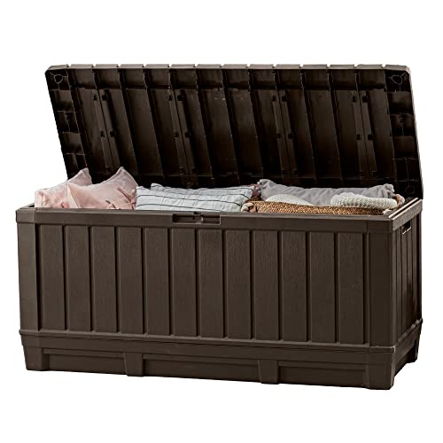 Keter Kentwood 92 Gallon Resin Deck Box-Organization and Storage for Patio Furniture Outdoor Cushions, Throw Pillows, Garden Tools and Pool Floats, Brown