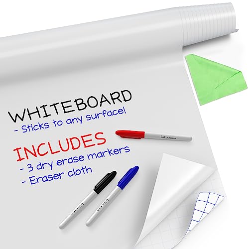 Kassa Reusable & Removable White Board Wallpaper | 17' Wide x 78' Long Self Adhesive Dry Erase Contact Paper | 3 Markers & Eraser Cloth Included | for Home, Office, School & Kids Art & Decoration